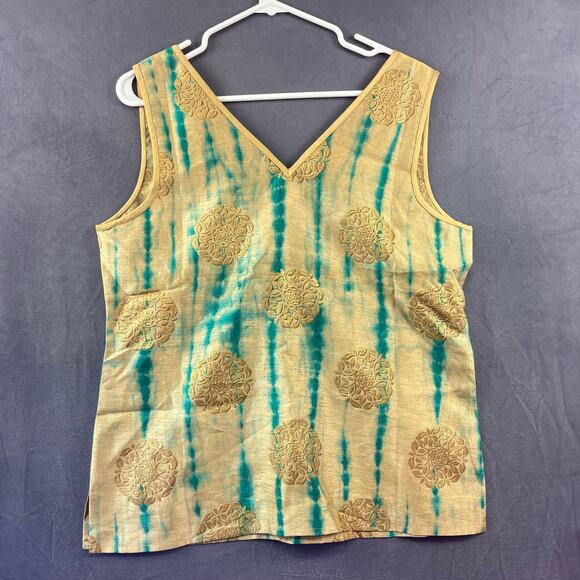 Julie Miles Blouse Women's Medium Gold Green Embossed Floral Sleeveless Princess - Picture 2 of 7
